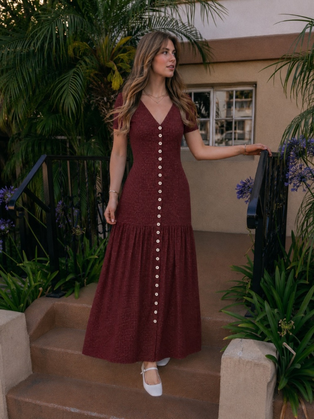 Vintage Button down red burgundy polka dot dress size 36